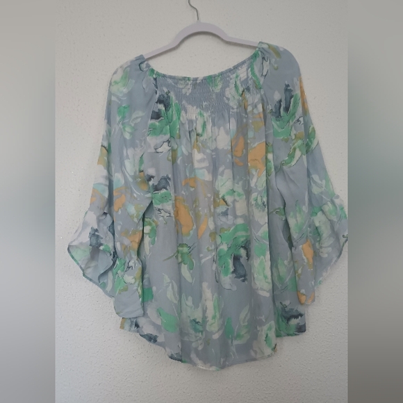 Zack & Rachel Floral Bell Sleeve Boho Peasant Top Size XL Blue Green - Picture 2 of 12
